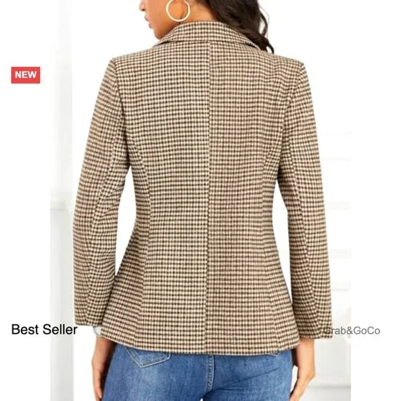 Plaid Blazer Embroidered Collar Houndstooth Business Casual Office Jacket - Picture 2 of 7